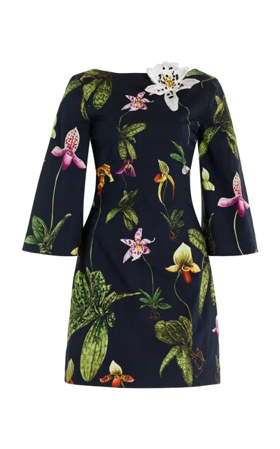 Oscar De La Renta 3/4 Sleeve  Bateau Neck Orchid Cotton Poplin Dress In Navy Multi