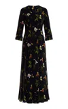 Oscar De La Renta 3/4 Sleeve  Orchids Cady Chiffon Inset Dress In Navy