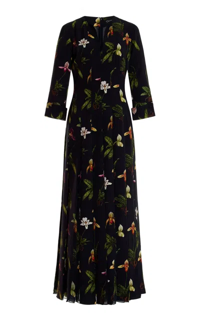 Oscar De La Renta 3/4 Sleeve  Orchids Cady Chiffon Inset Dress In Navy