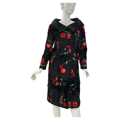 Pre-owned Oscar De La Renta 3-d Poppy Embroidery Lamb Skin Fur Stroller Coat Us 4 Oversize In Black
