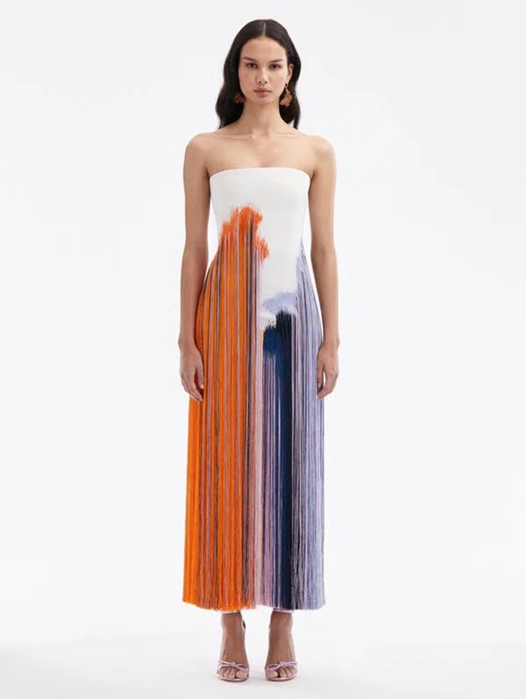 oscar de la renta fringed crepe strapless midi dress Oscar De La Renta Fringe-detailed Cocktail Midi Dress In Multi