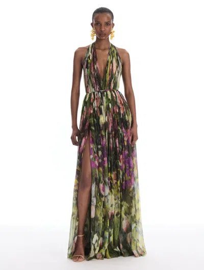 Oscar De La Renta Abstract Garden Chiffon Gown