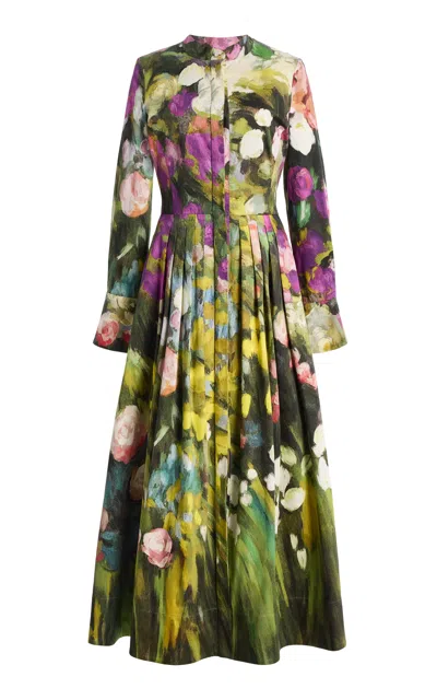 Oscar De La Renta Abstract Garden Poplin Sateen Midi Dress In Multi