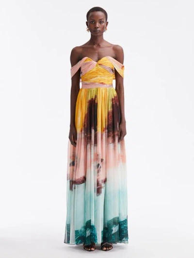 Oscar De La Renta Landscape-print Chiffon Gown In Teal Multi