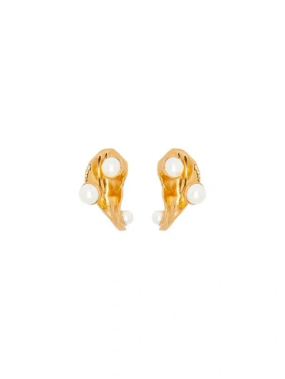 Oscar De La Renta Abstract Leaf Pearl Earrings In Gold