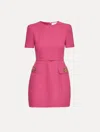 Oscar De La Renta Short-sleeve Rose-button Tweed Mini Day Dress With Belt