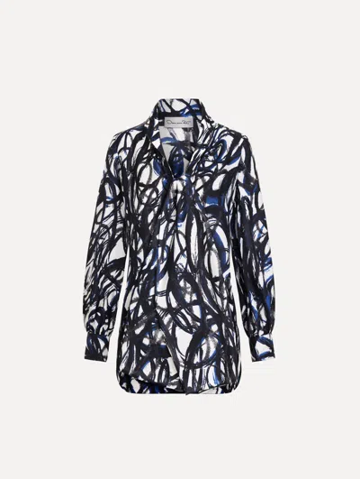 Oscar De La Renta Abstract Sketch Silk Twill Blouse In Blue