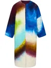 Oscar De La Renta Bracelet Sleeve  Furry Abstract Watercolor Coat With Belt In Blau
