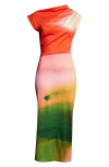 Oscar De La Renta Draped Abstract Watercolor Jersey Dress In Vermillion Multi