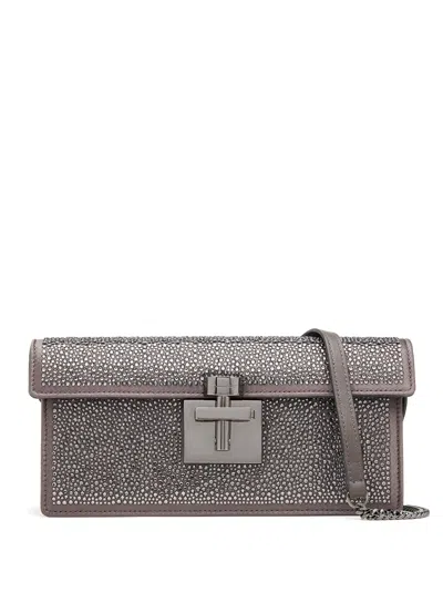 Oscar De La Renta Alibi Slim Crystal Pave Satin Shoulder Bag In Smoke/gunmetal