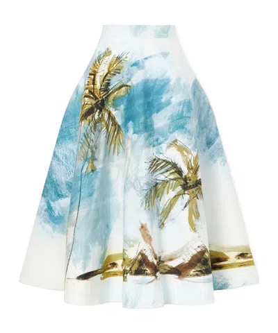 Oscar De La Renta All Over Beach Printed Cotton-blend Poplin Midi Skirt In Multi