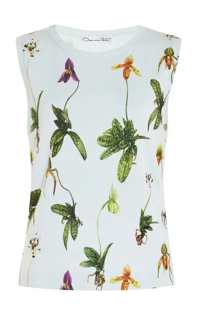 Oscar De La Renta All Over Orchid Tank In Light Blue