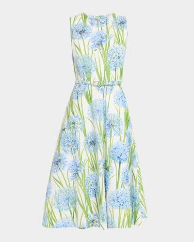 Oscar De La Renta Alliums Poplin Sleeveless Belted Midi Dress In Blue