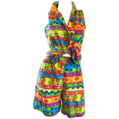 Pre-owned Oscar De La Renta Amazing Vintage  Bright Color Silk Blouse And Shorts Ensemble In Brown