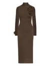 Oscar De La Renta Appliqued-flower Mock-neck Midi Dress In Brown