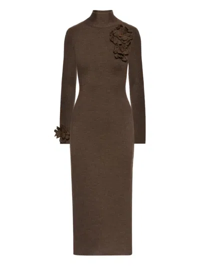 Oscar De La Renta Appliqued-flower Mock-neck Midi Dress In Brown