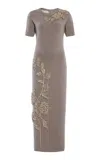 Oscar De La Renta Appliquéd Knit Wool Midi Dress In Neutral