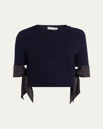 Oscar De La Renta Argyle Silk Cuffs Crop Crewneck Cardigan In Blue