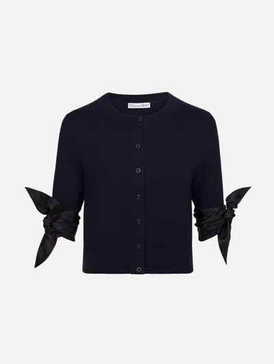 Oscar De La Renta Argyle Tie-detailed Short-sleeved Cropped Cardigan In Blue