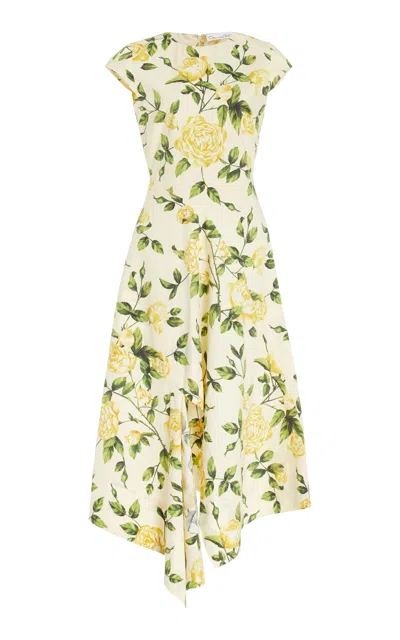 Oscar De La Renta Asymmetric Cotton Poplin Midi Dress In Yellow
