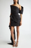 Oscar De La Renta Asymmetric Drape Cascade Detail Satin Dress In Black