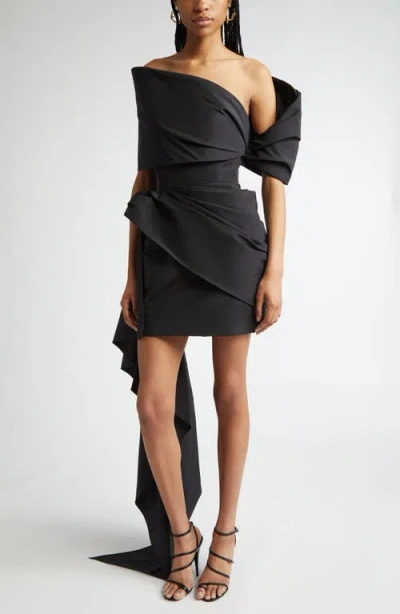 Oscar De La Renta Asymmetric Drape Cascade Detail Satin Dress In Black
