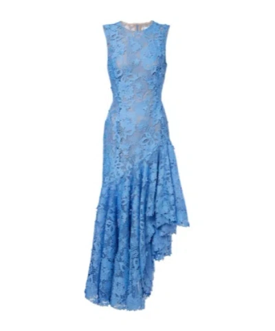 Oscar De La Renta Porcelain Flowers Asymmetric Guipure Midi Dress In Blue