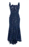 Oscar De La Renta Asymmetric Floral Guipure Midi Dress In Blue