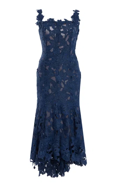 Oscar De La Renta Asymmetric Floral Guipure Midi Dress In Blue