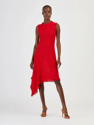 Pre-owned Oscar De La Renta Asymmetric Hem Dress Scarlet Sz M Xl Rv$2390 In Red