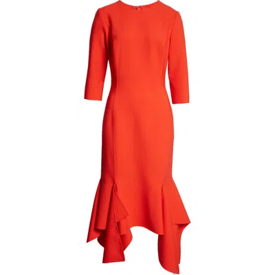Oscar De La Renta Asymmetric Hem Virgin Wool Blend Midi Dress In Vermilion