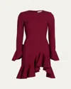 Oscar De La Renta Asymmetric Ruffle Long-sleeve Mini Dress In Red
