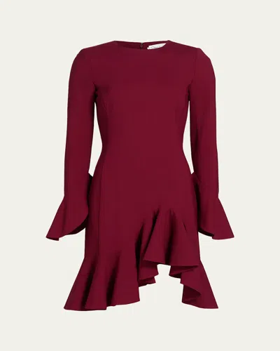Oscar De La Renta Asymmetric Ruffle Long-sleeve Mini Dress In Red