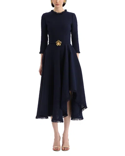 Oscar De La Renta Asymmetrical Hem Slubby Tweed Dress In Blue