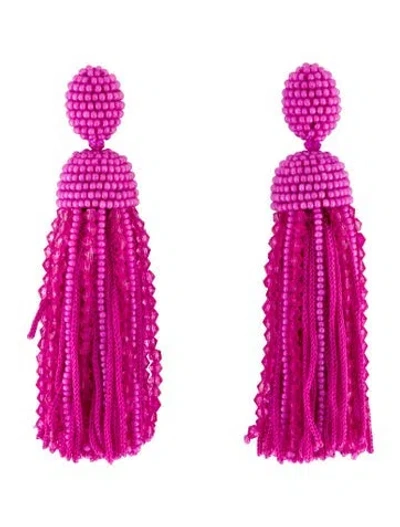 Pre-owned Oscar De La Renta Bead & Silk Clip-on Short Tassel Earrings In Pink