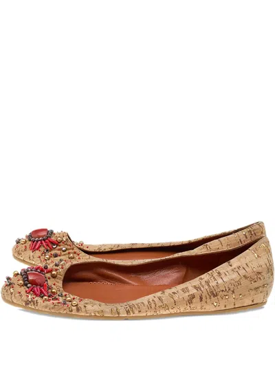 Pre-owned Oscar De La Renta Bead-embellished Cork Ballet Flats
