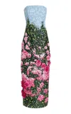 Oscar De La Renta Strapless English Rose Field Beaded Gown In Multi