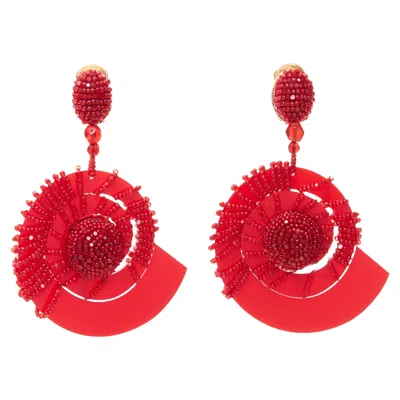 Oscar De La Renta Beaded Acrylic Spiral Shell Dangling Clip On Earrings In Red