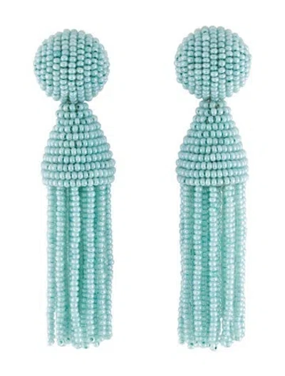 Pre-owned Oscar De La Renta Beaded Classic Short Tassel Clip-on Earrings In Blue