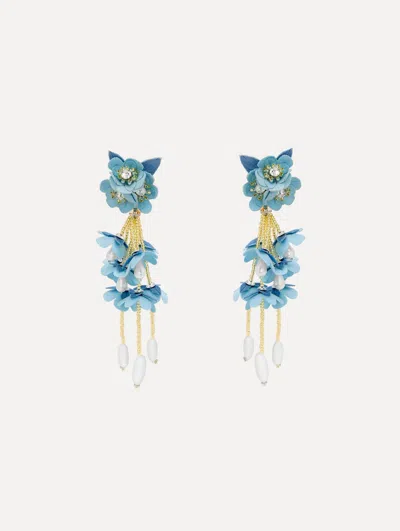 Oscar De La Renta Beaded Flower Drop Clip-on Earrings In Blue