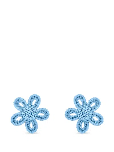 Oscar De La Renta Small Woven Raffia Flower Earrings In Blue