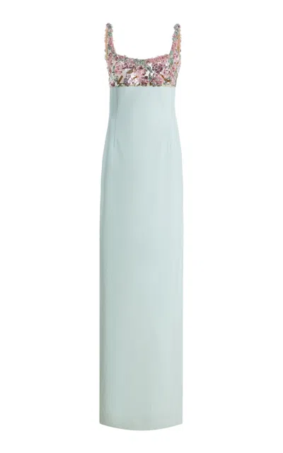 Oscar De La Renta Beaded Iris Wool-blend Gown In Blue