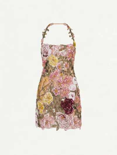 Oscar De La Renta Beaded Mixed Botanical Embroidered Cocktail Dress In Multi