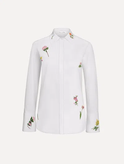 Oscar De La Renta Beaded Mixed Botanical Stretch Twill Blouse In White