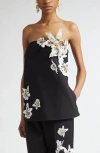 Oscar De La Renta Strapless Watercolor Bugle Bead Orchid Blouse In Black