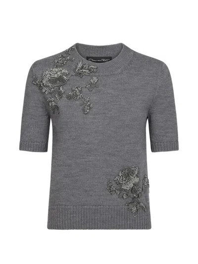 Oscar De La Renta Beaded Peony-embroidered Sweater In Transparent
