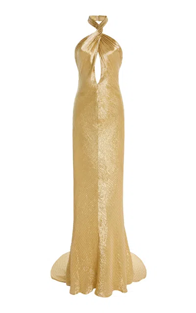 Oscar De La Renta Beaded Silk-blend Lamé Gown
