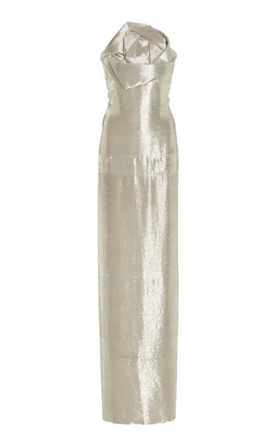 Oscar De La Renta Beaded Silk Gown In Silver