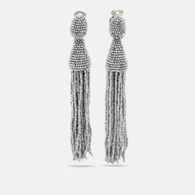 Pre-owned Oscar De La Renta Beaded Silver Tone Long Tassel Clip-on Earrings