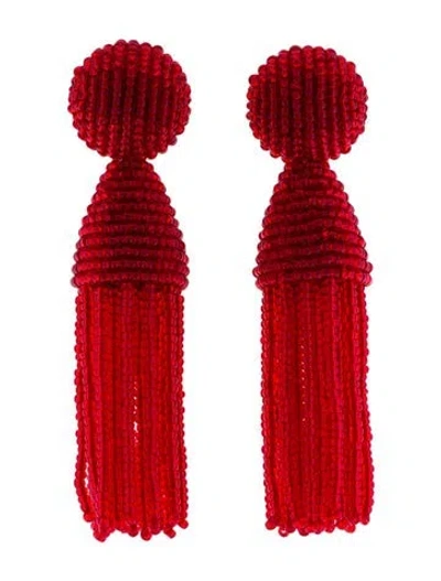 Pre-owned Oscar De La Renta Beaded Tassel Clip-on Earrings In Red